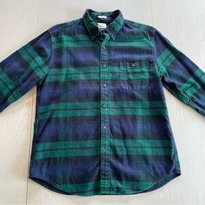 J. Crew Plaid Green Navy Flannel Slim Shirt with Brown Elbow Patch - Large